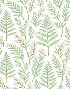 Delicate Green Fern Pink Bloom Pattern Rug