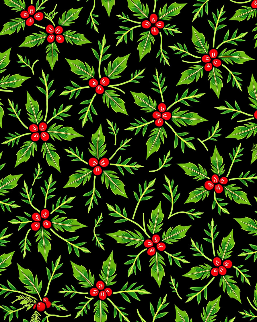 Green Holly Berry Black Background Repeat Rug