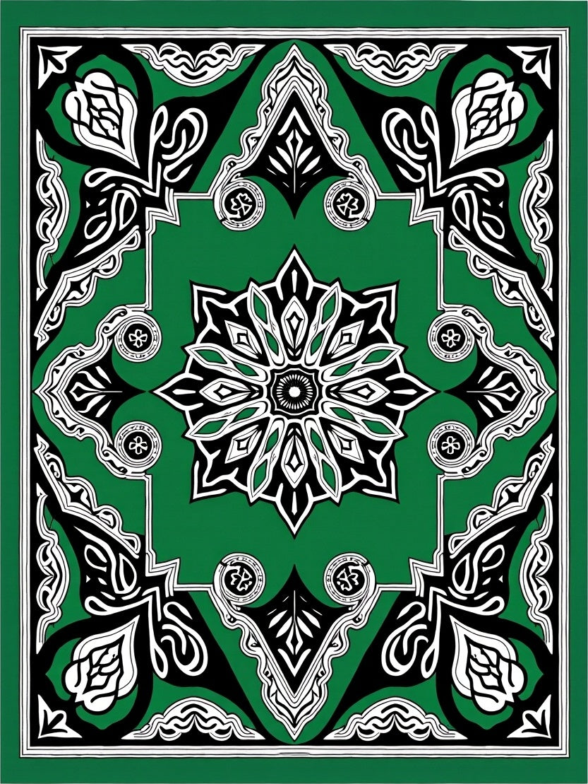 Ornate Emerald and Black Floral Medallion Rug