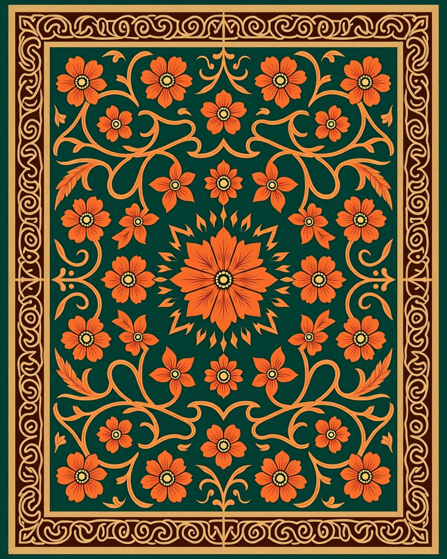 Ornate Orange Floral Vine Pattern Rug