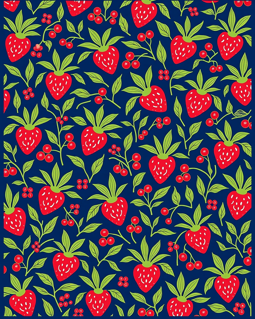 Red Strawberry Navy Botanical Pattern Rug