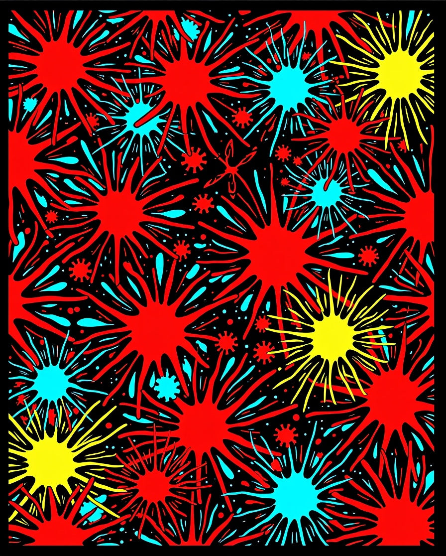 Vibrant Red Aqua Yellow Starburst Design Rug