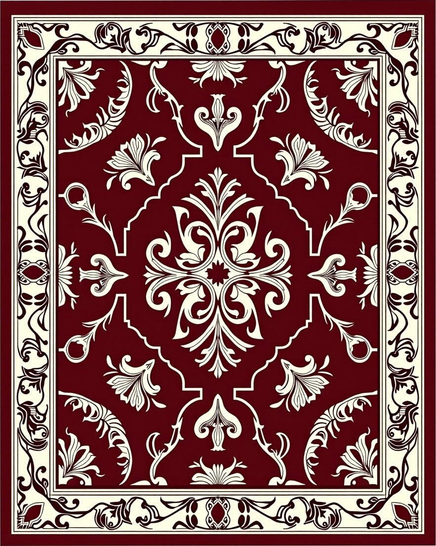 Rich Red Floral Scroll Pattern Rug