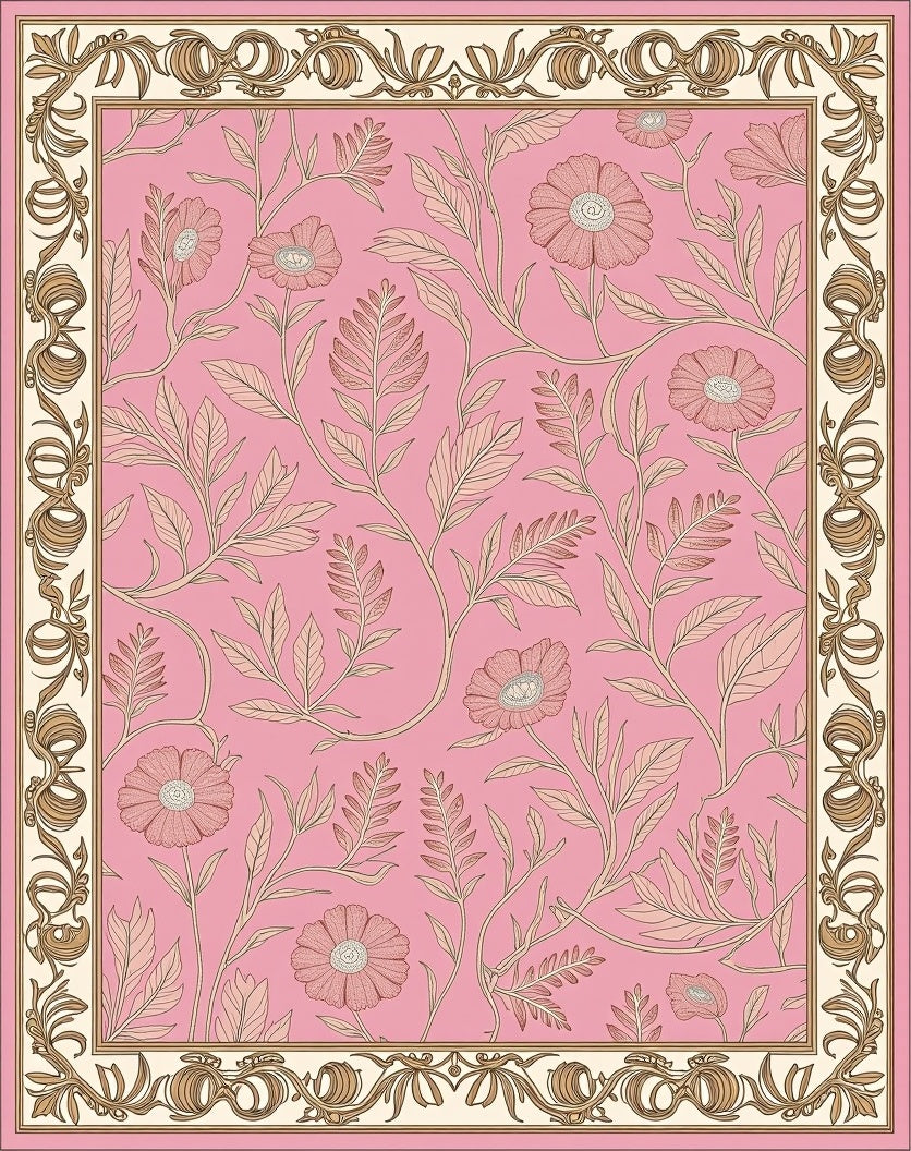 Vintage Pink Floral Botanical Pattern Rug
