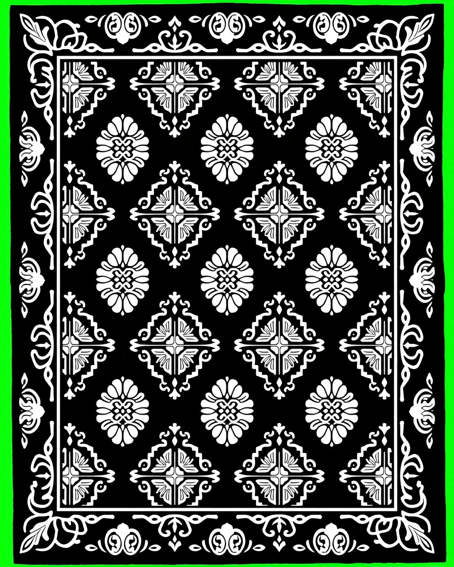 Black White Classical Floral Motif Rug