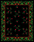 Vivid Green Floral Red Berry Border Rug
