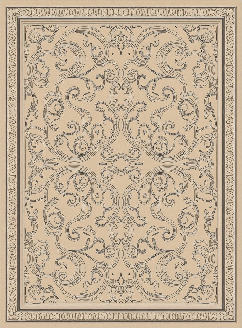 Elegant Scrollwork Patterned Natural Rug