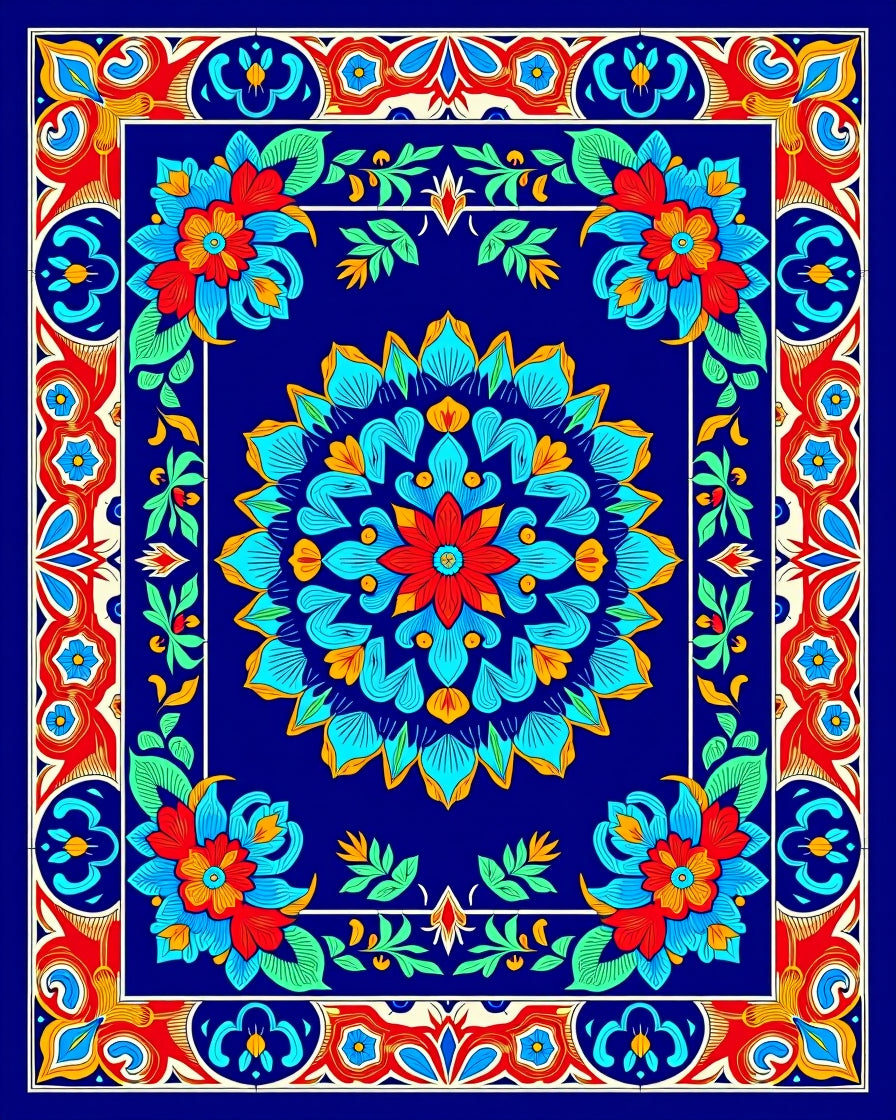 Vibrant Floral Mandalas Bordered Design Rug