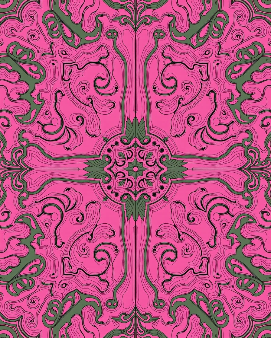 Ornate Pink Green Swirl Pattern Rug