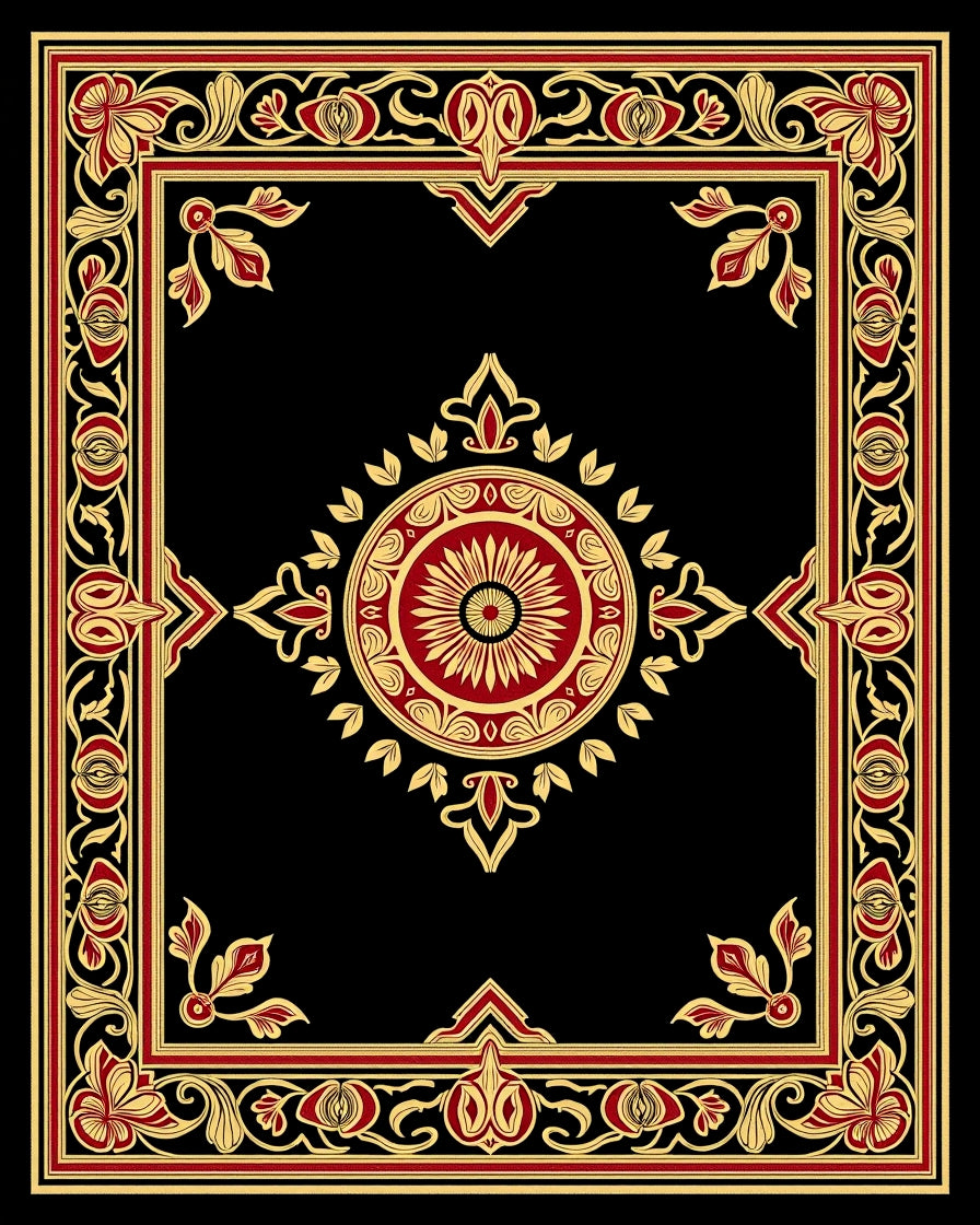 Ornate Black Gold Floral Patterned Rug
