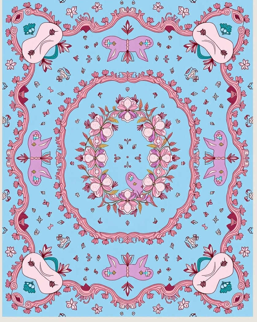 Whimsical Pink Floral Creatures Blue Rug