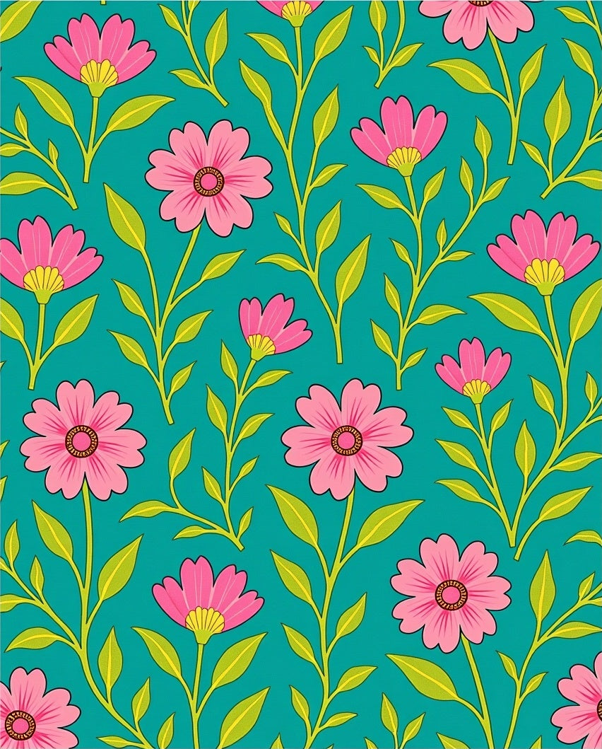 Pink Floral Patterned Teal Surface Rug