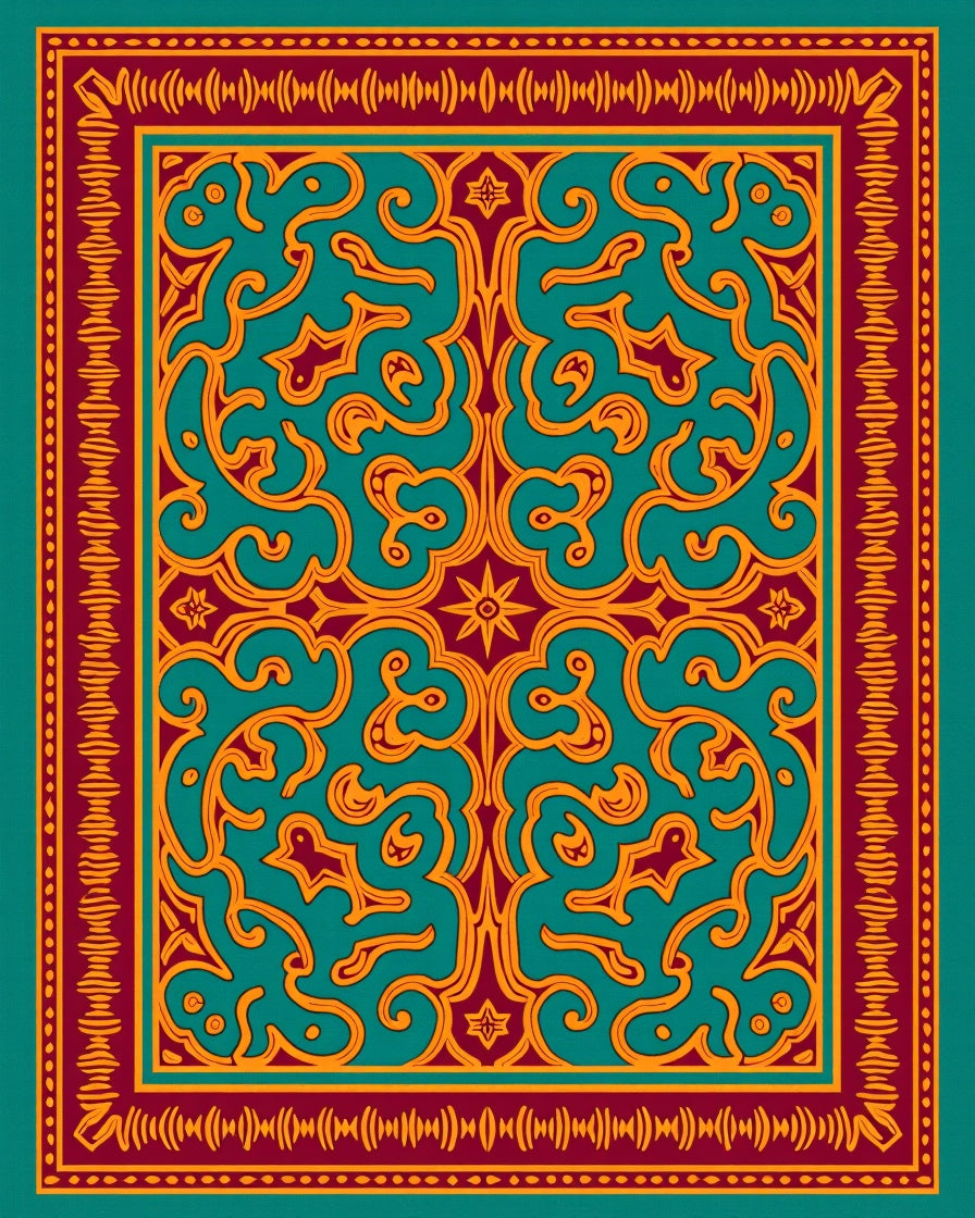 Ornate Teal Gold Floral Pattern Rug