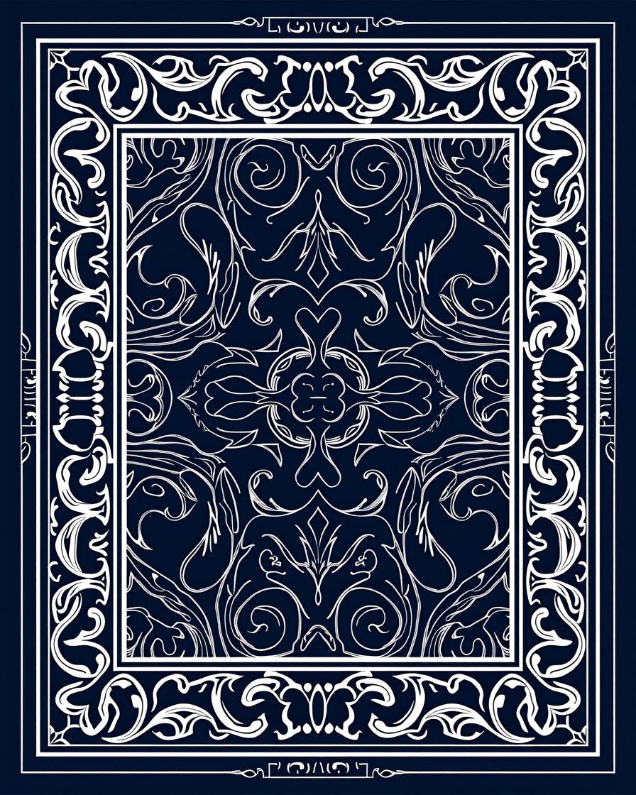 Ornate White Flourish on Navy Rug