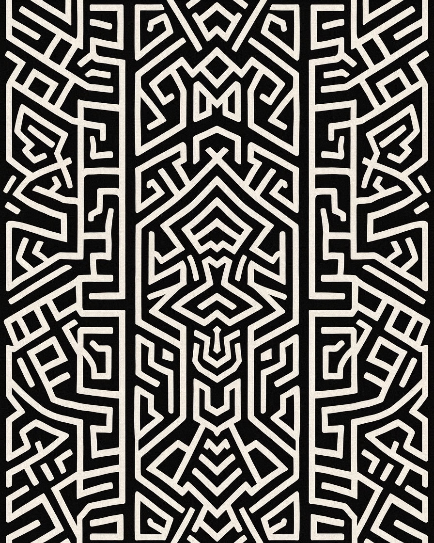 Black White Bold Geometric Maze Pattern Rug