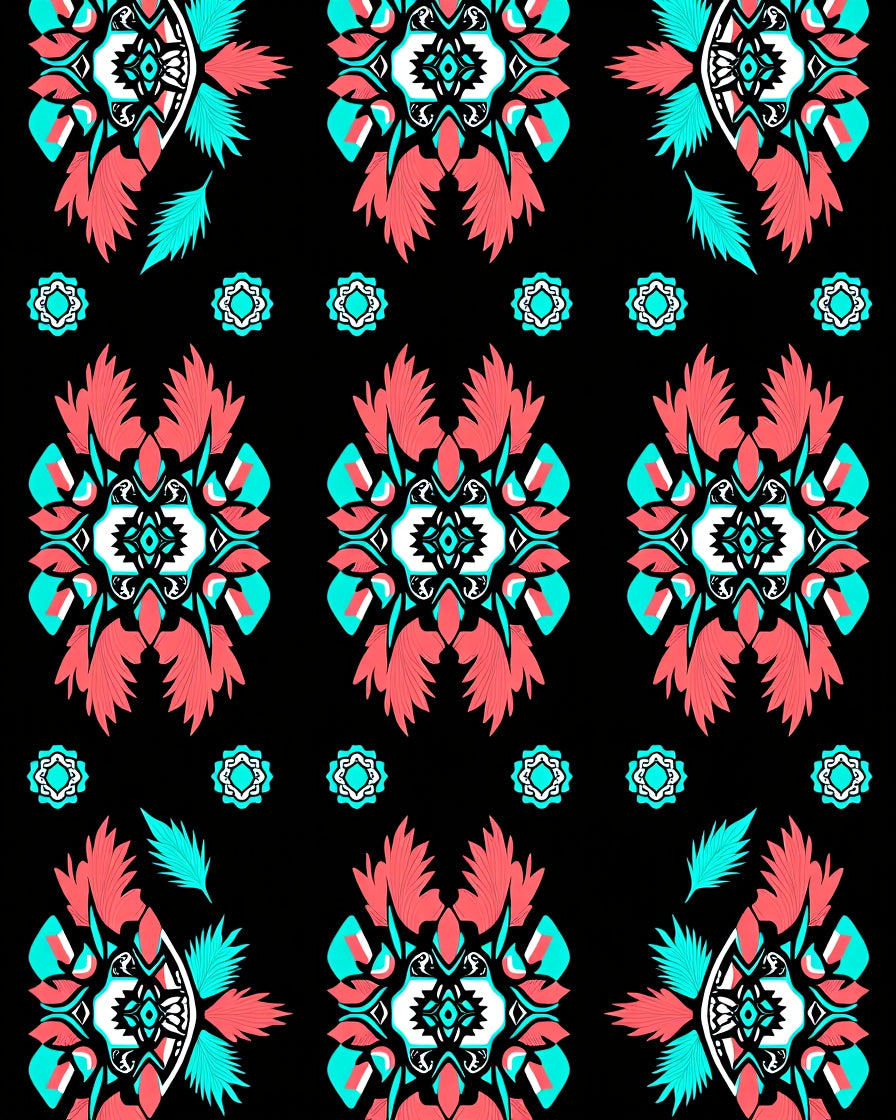 Bold Coral Teal Floral Motif Design Rug