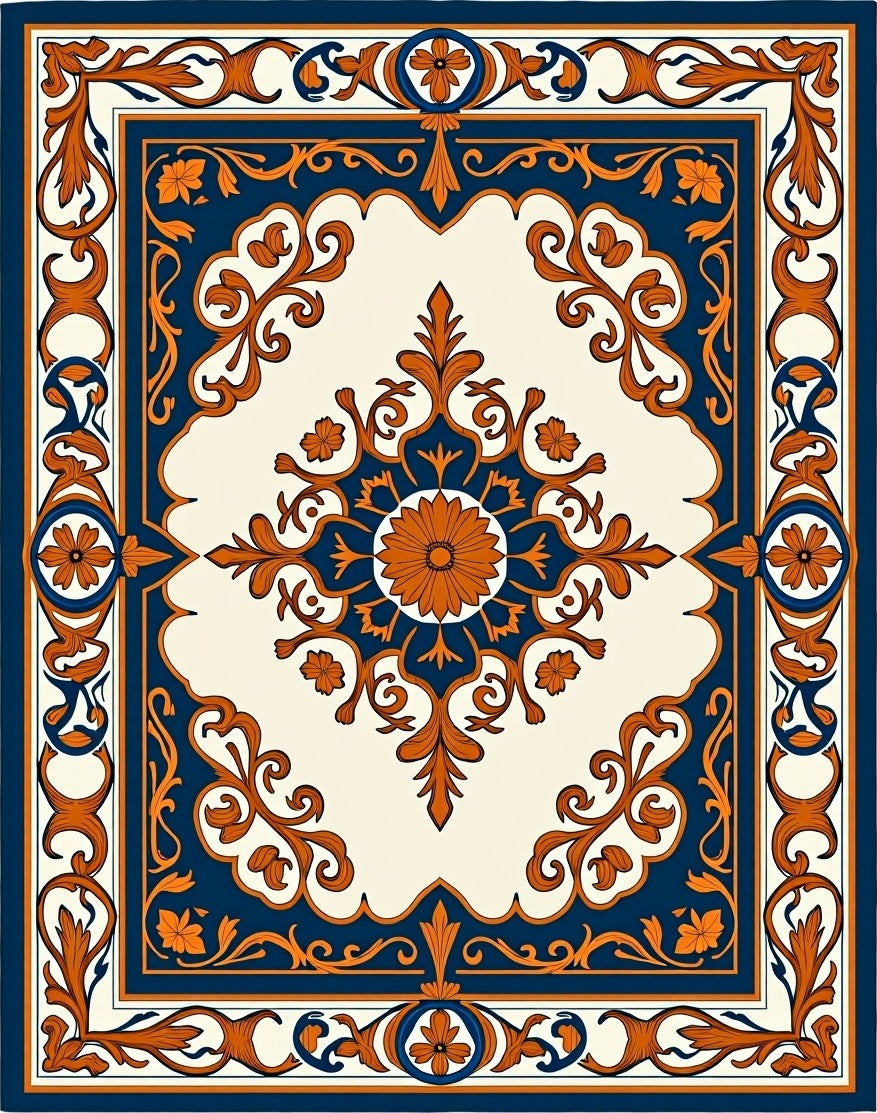 Ornate Blue Orange Floral Pattern Rug