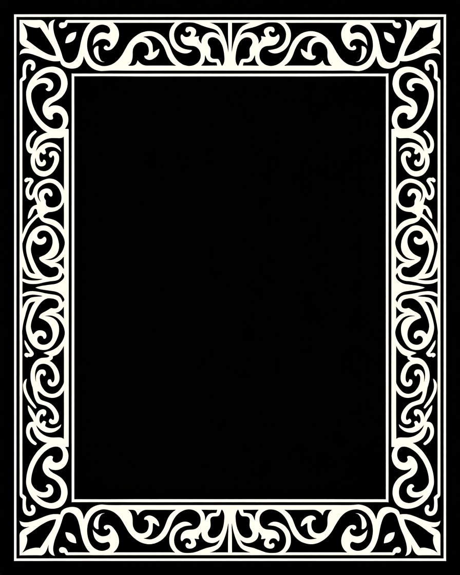 Ornate Scrollwork Black Cream Border Rug