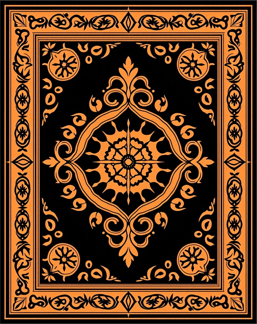 Bold Orange Floral Scroll Pattern Rug