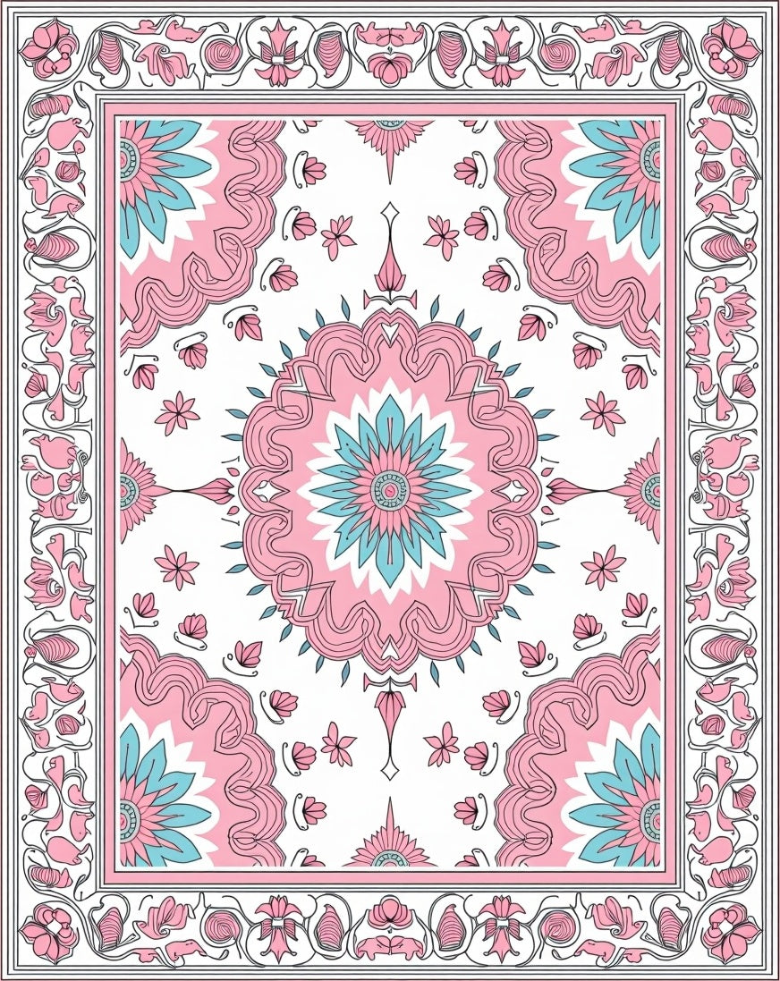 Pink Teal Floral Medallion Classic Rug