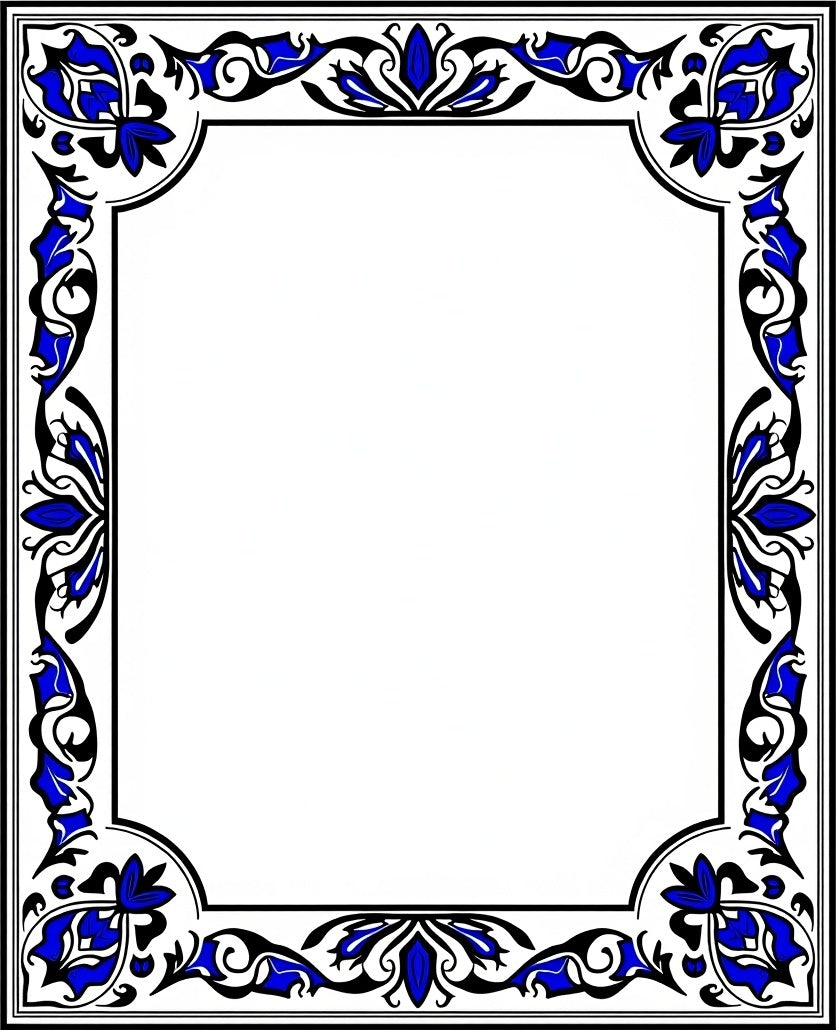 Elegant Blue Black Floral Border Rug
