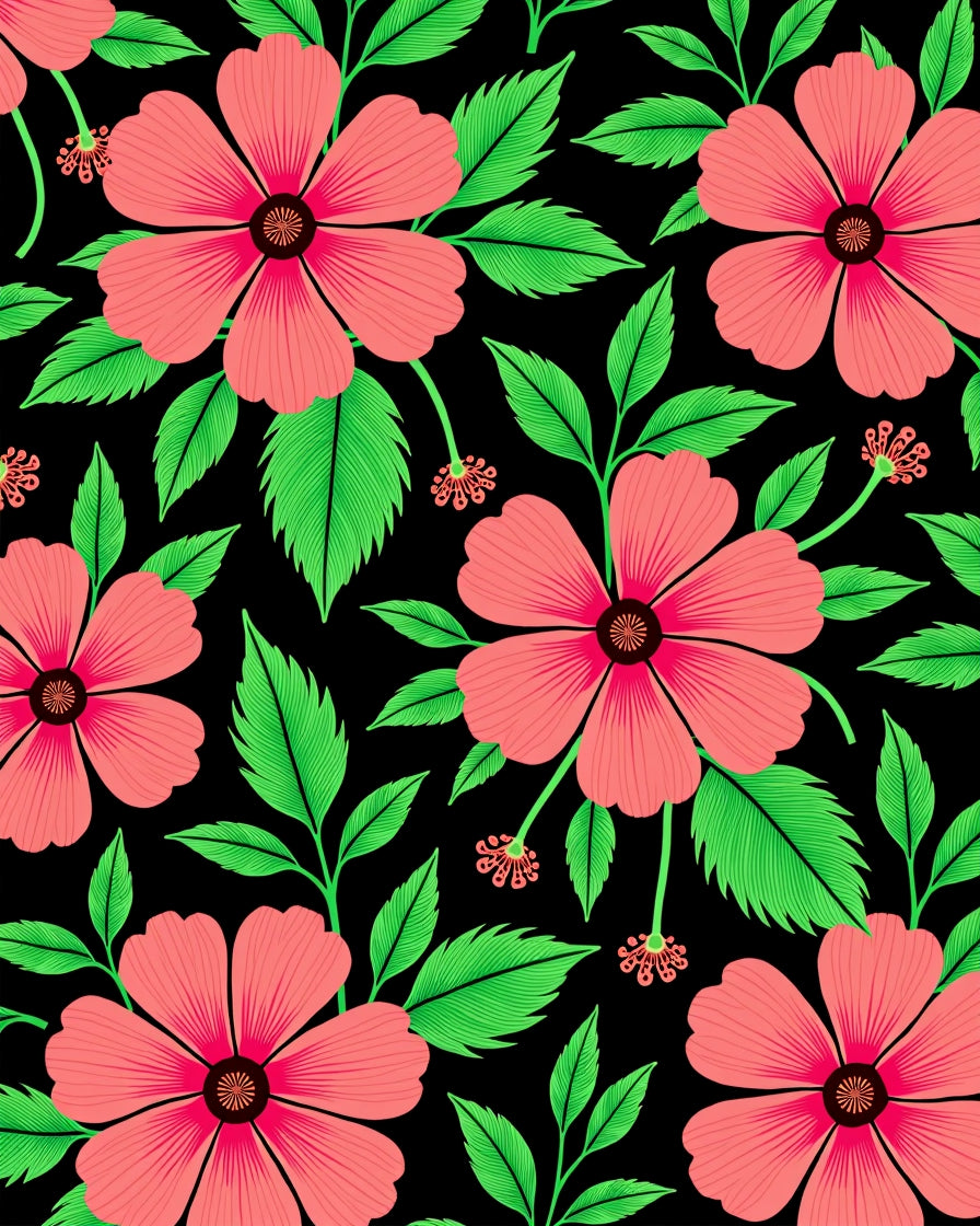 Coral Floral Green Leaf Pattern Rug