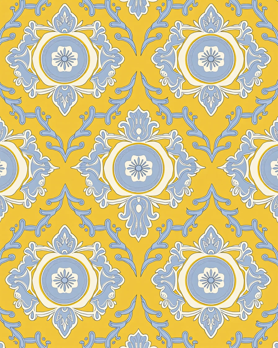 Yellow Blue Floral Medallion Pattern Rug