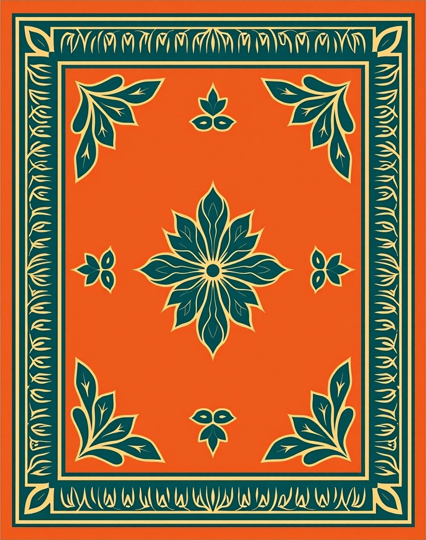 Orange Teal Floral Corner Pattern Rug