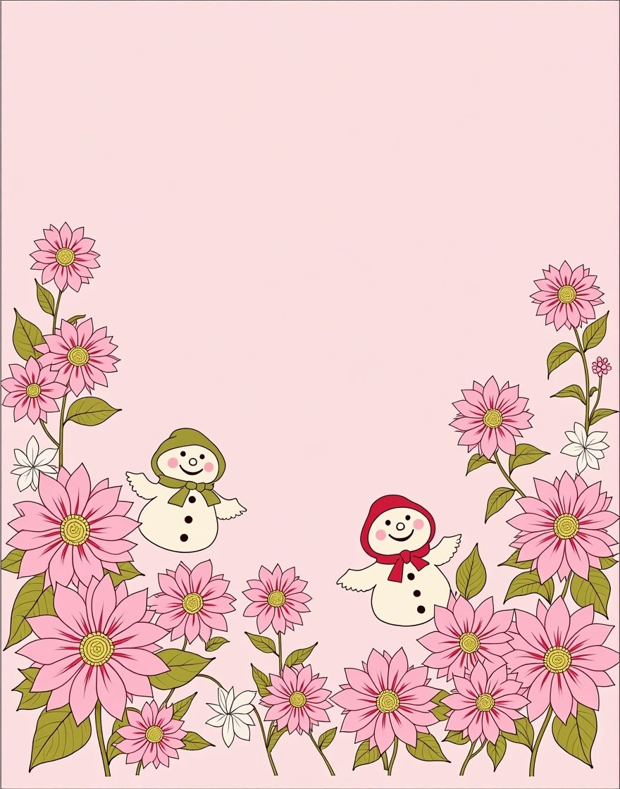 Cute Snowmen Pink Floral Border Rug