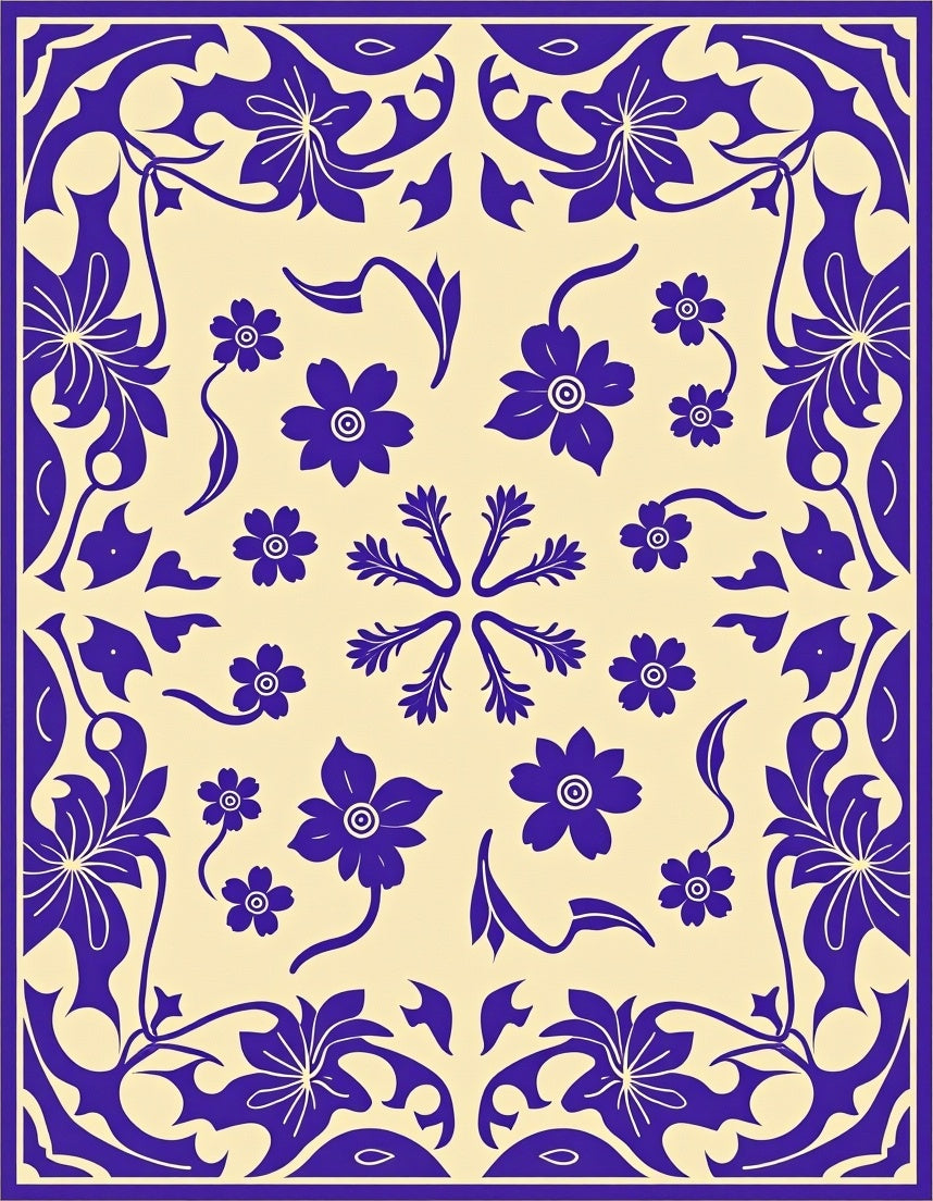 Blue Floral Vines Pattern Rug