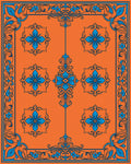 Orange Blue Floral Scrollwork Rug