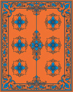Orange Blue Floral Scrollwork Rug