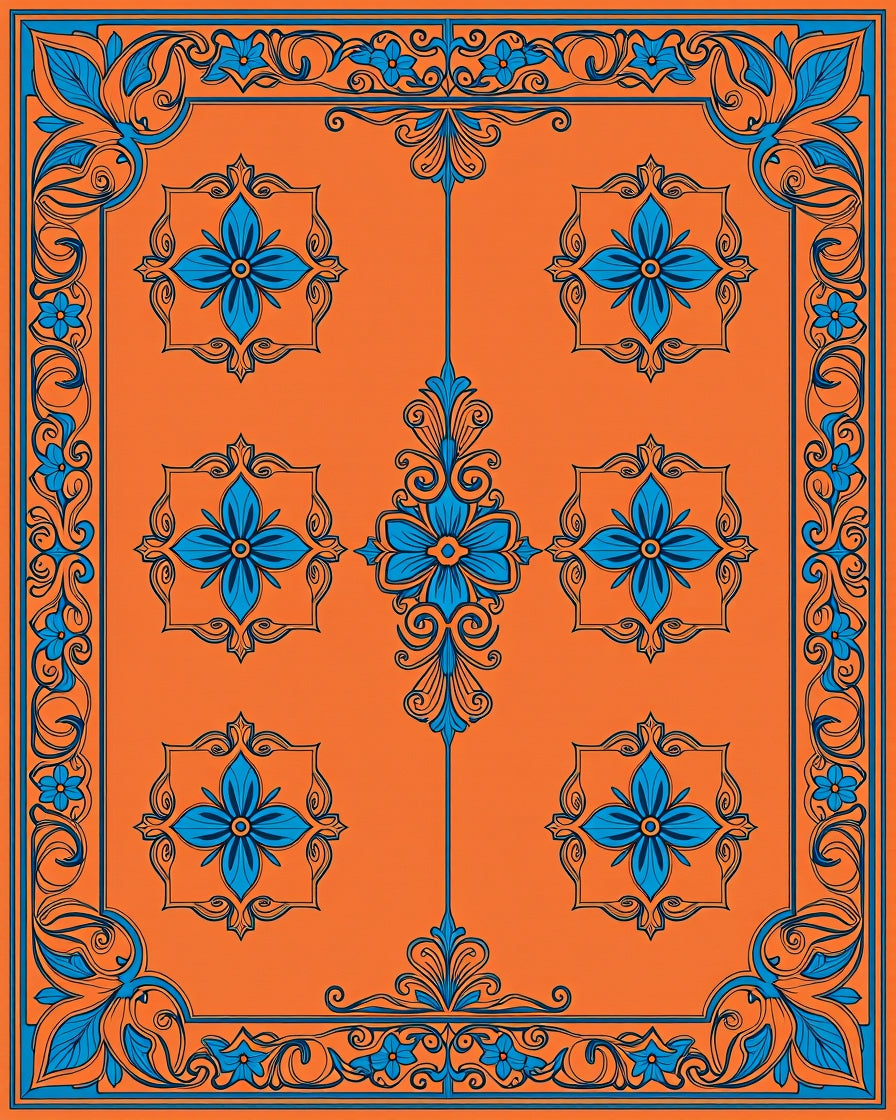 Orange Blue Floral Scrollwork Rug