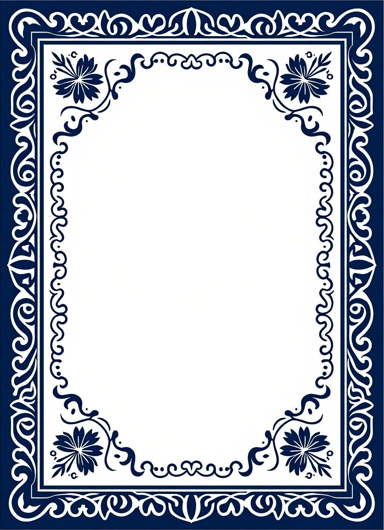 Navy Floral Scroll Border Design Rug