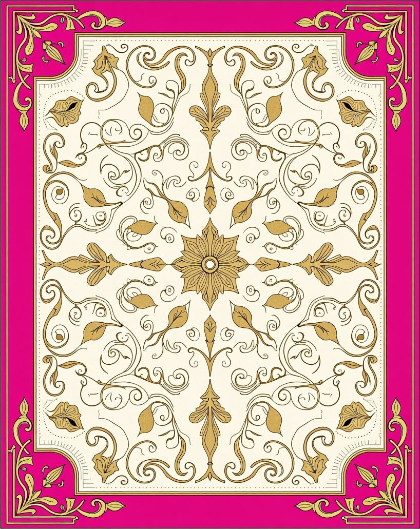 Ornate Floral Swirls Pink Gold Rug