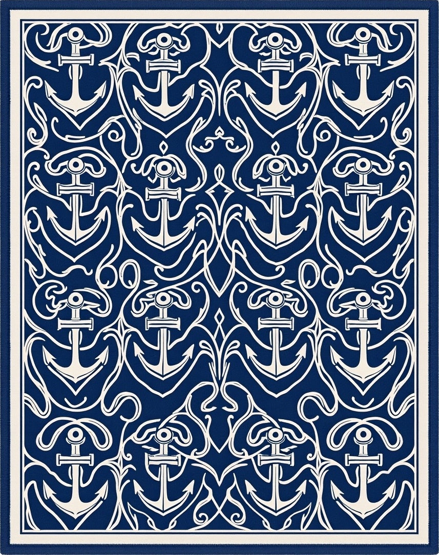 Navy Blue Anchor Scroll Pattern Design Rug
