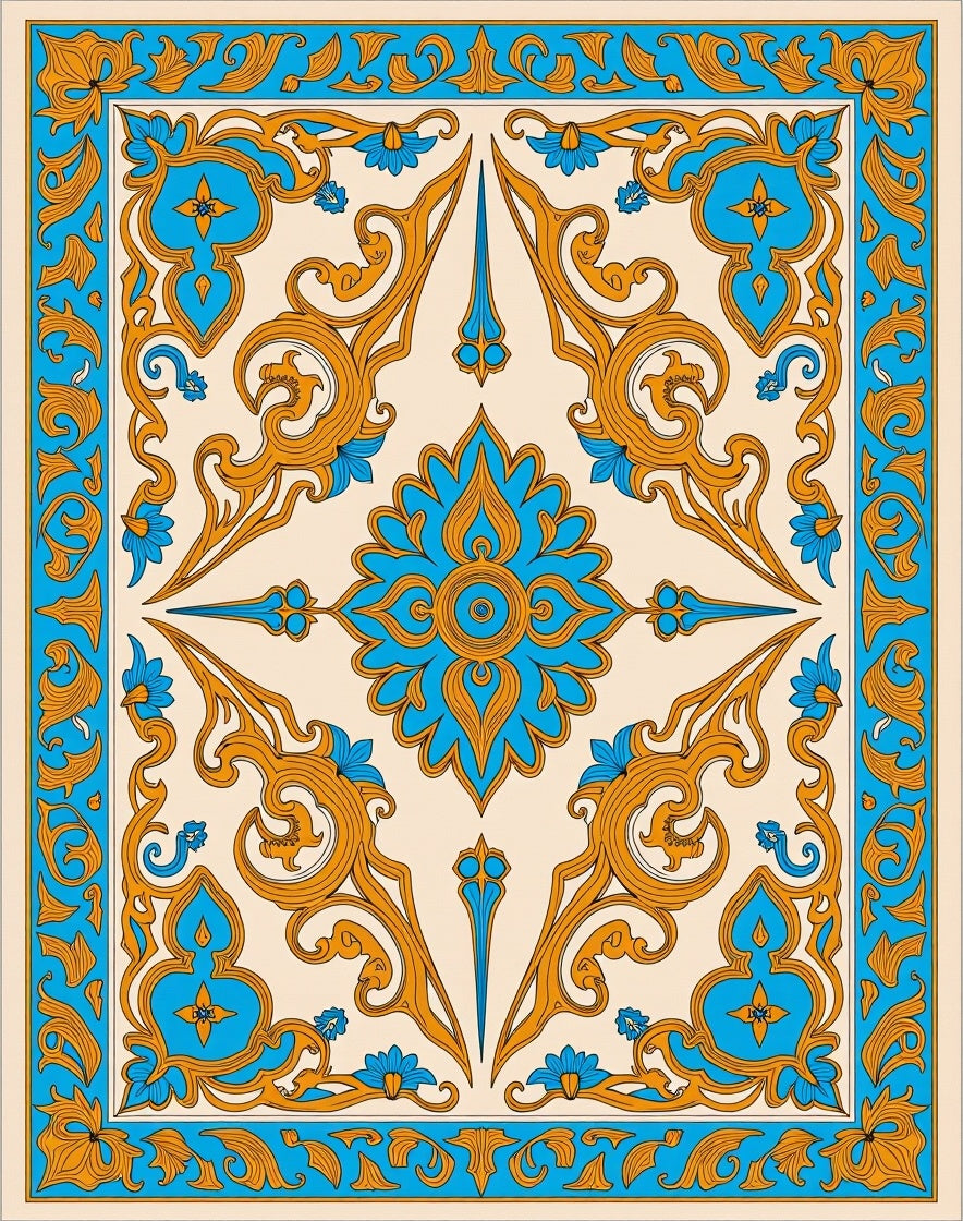 Ornate Floral Medallion Blue Gold Rug