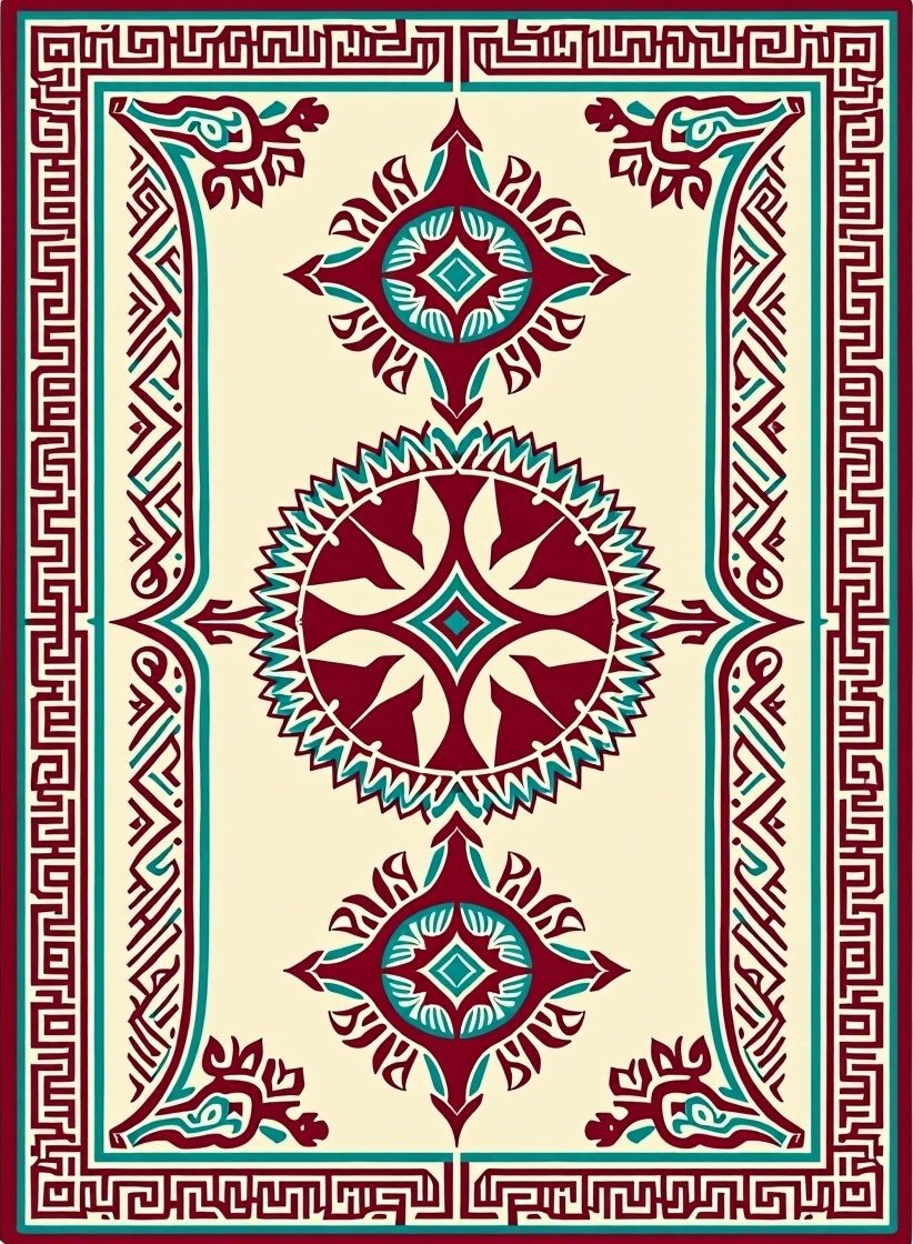 Maroon Teal Medallion Geometric Pattern Rug
