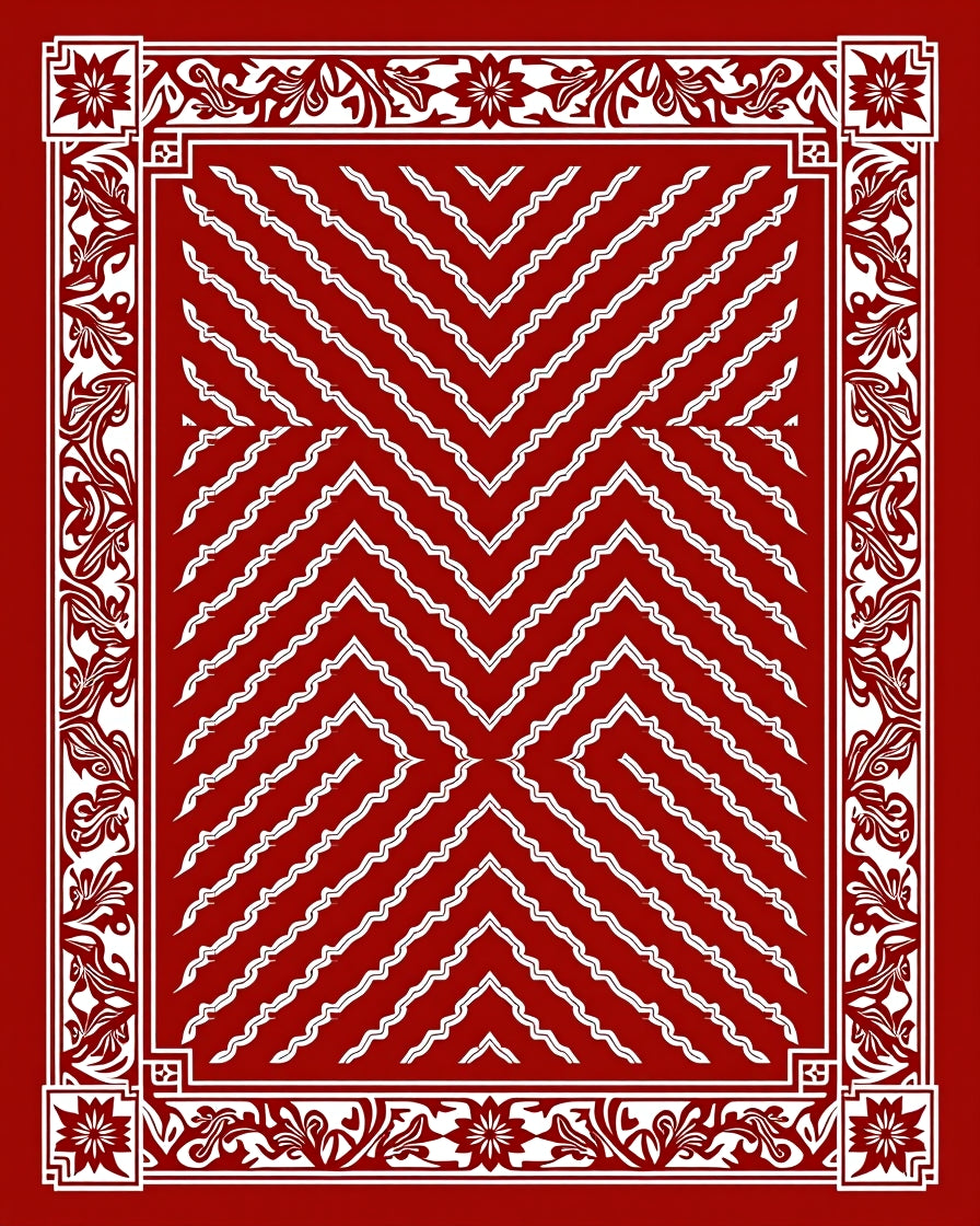 Classic Red White Chevron Border Rug