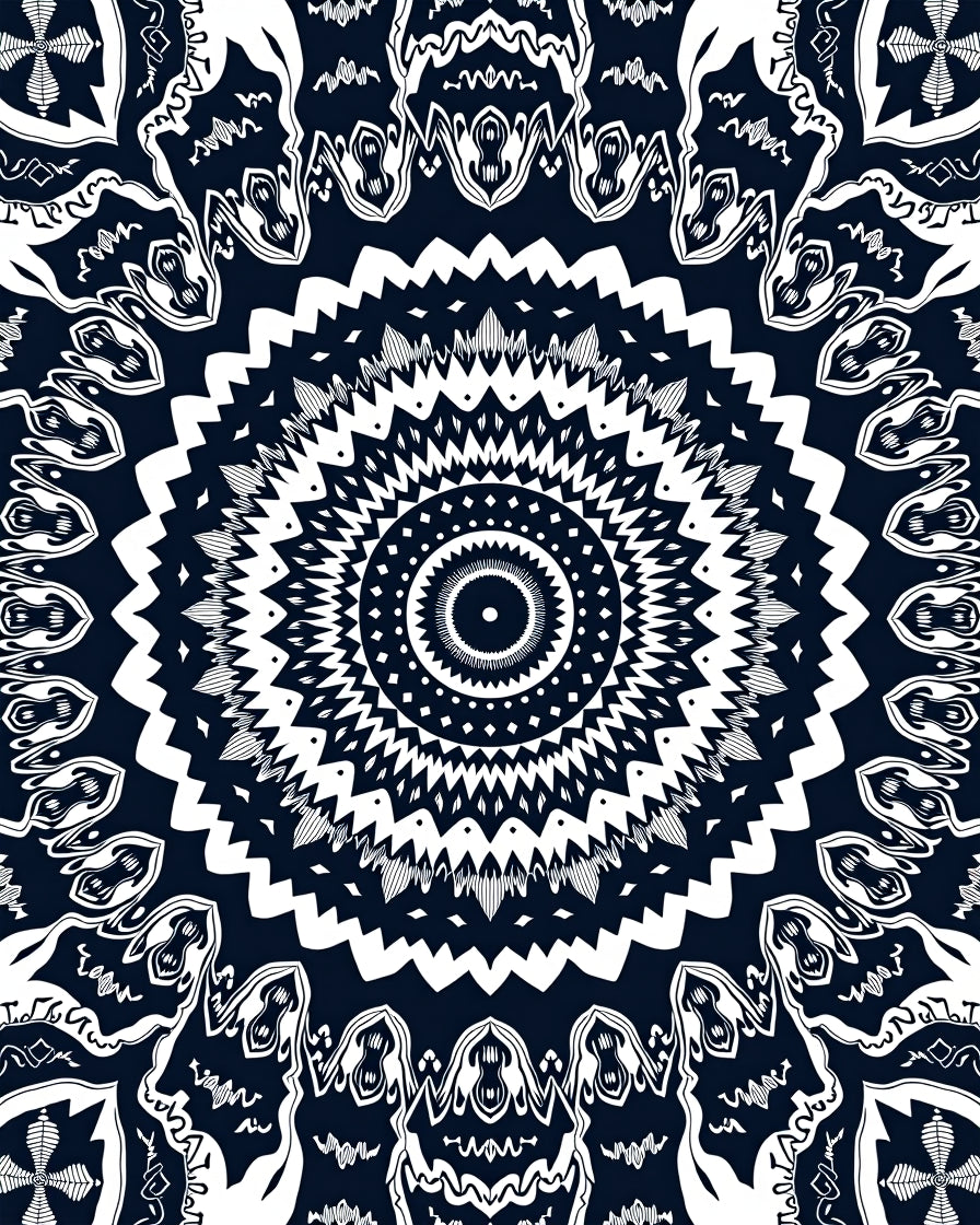 Intricate Radial Black And White Design Rug