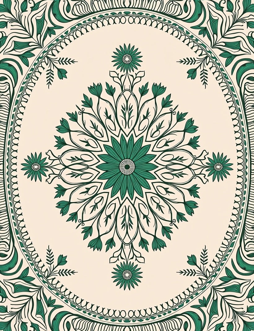 Green Floral Mandala With Vine Border Rug