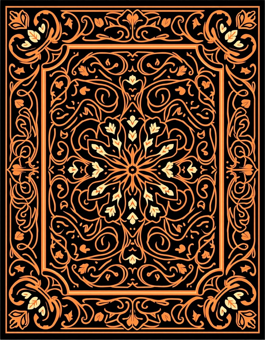 Rich Orange Black Floral Mandala Design Rug