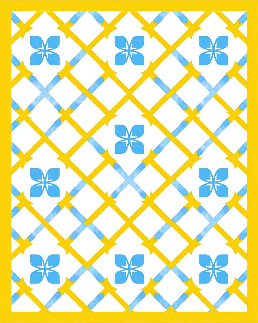 Sunny Yellow Blue Floral Lattice Pattern Rug