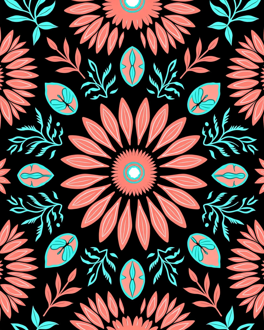 Coral Teal Floral Burst Pattern Rug