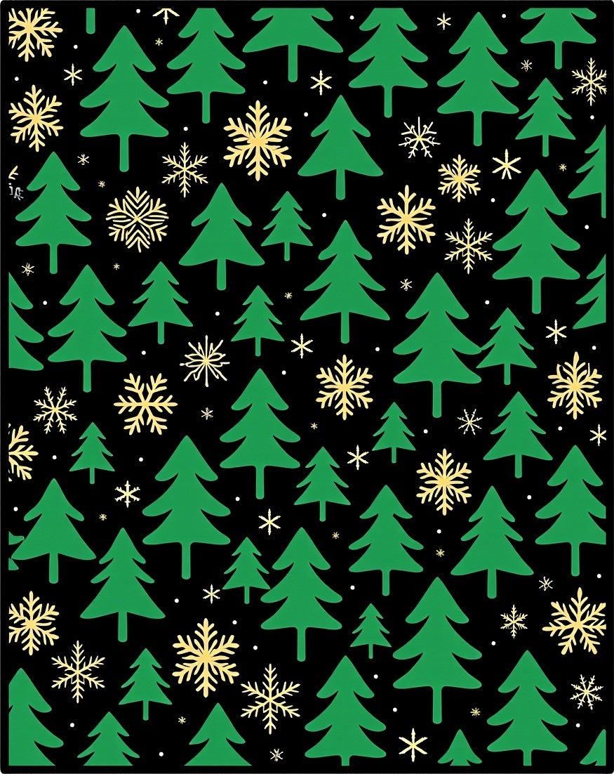 Green Christmas Trees Snowflakes Black Rug