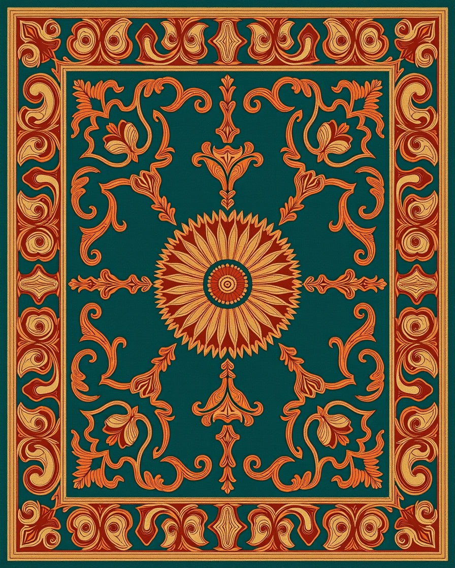 Ornate Floral Scrollwork Teal Rug