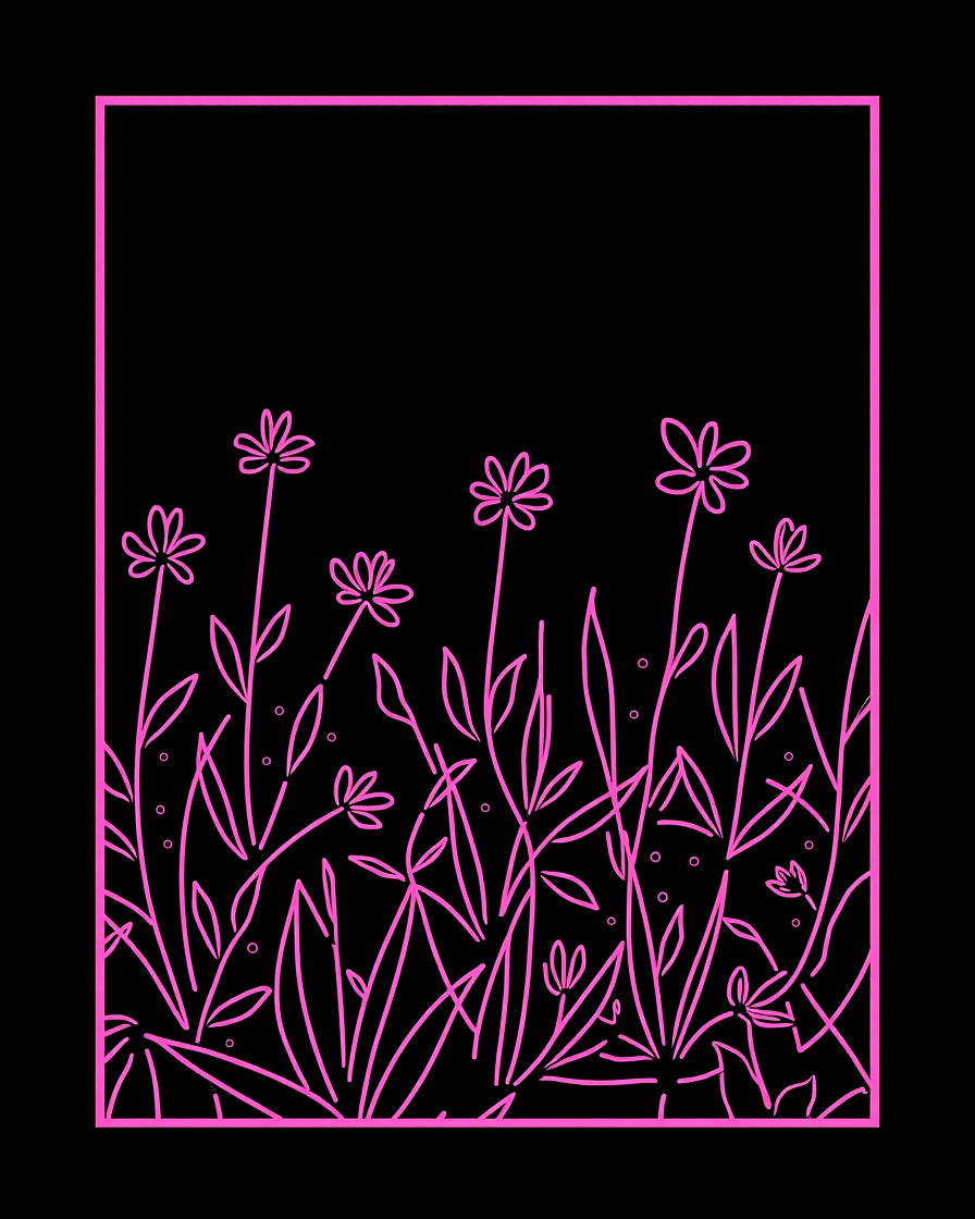 Pink Floral Outline On Black Rug
