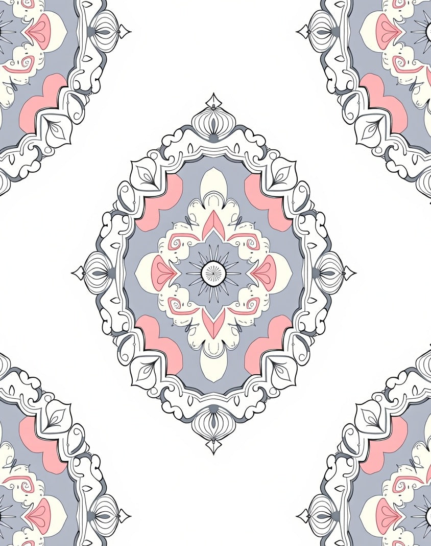 Pink Gray White Floral Mandala Pattern Rug
