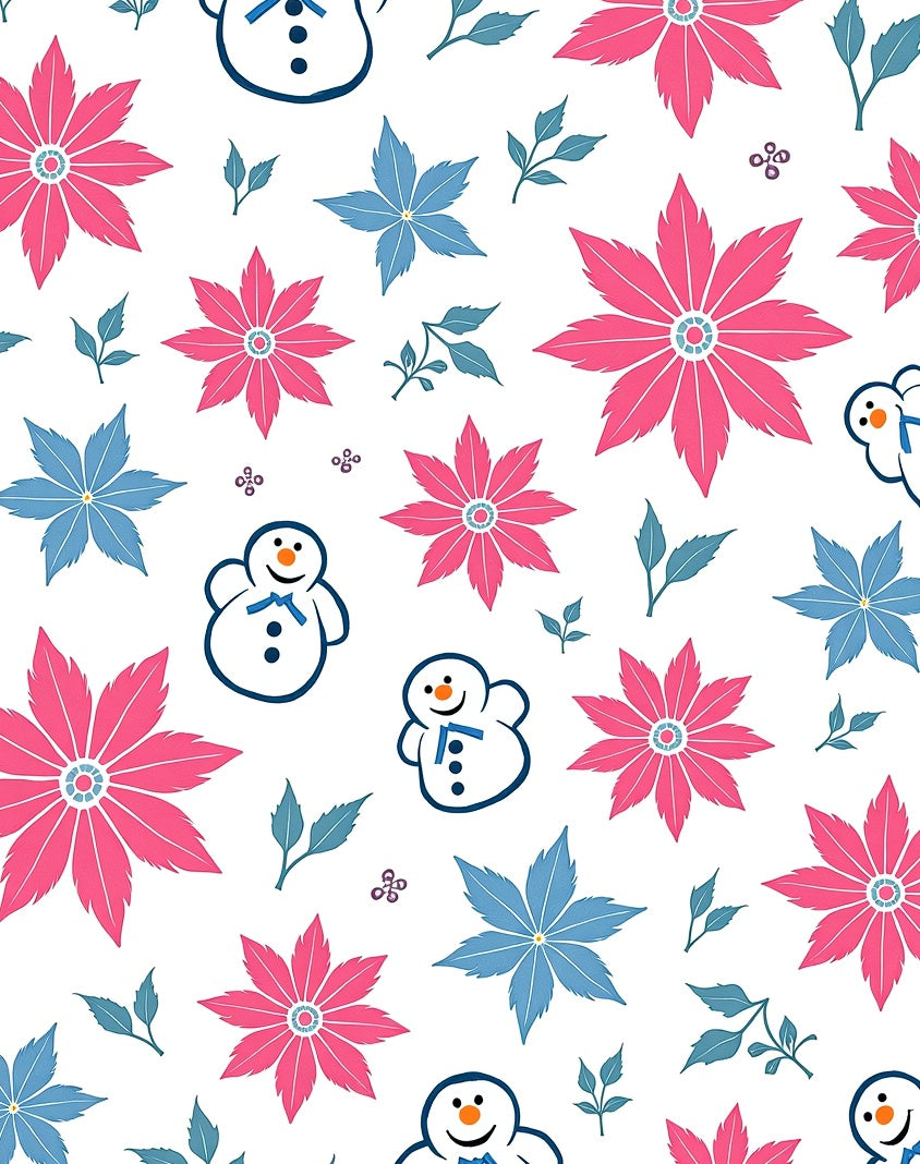 Pink Blue Snowman Poinsettia Floral Rug