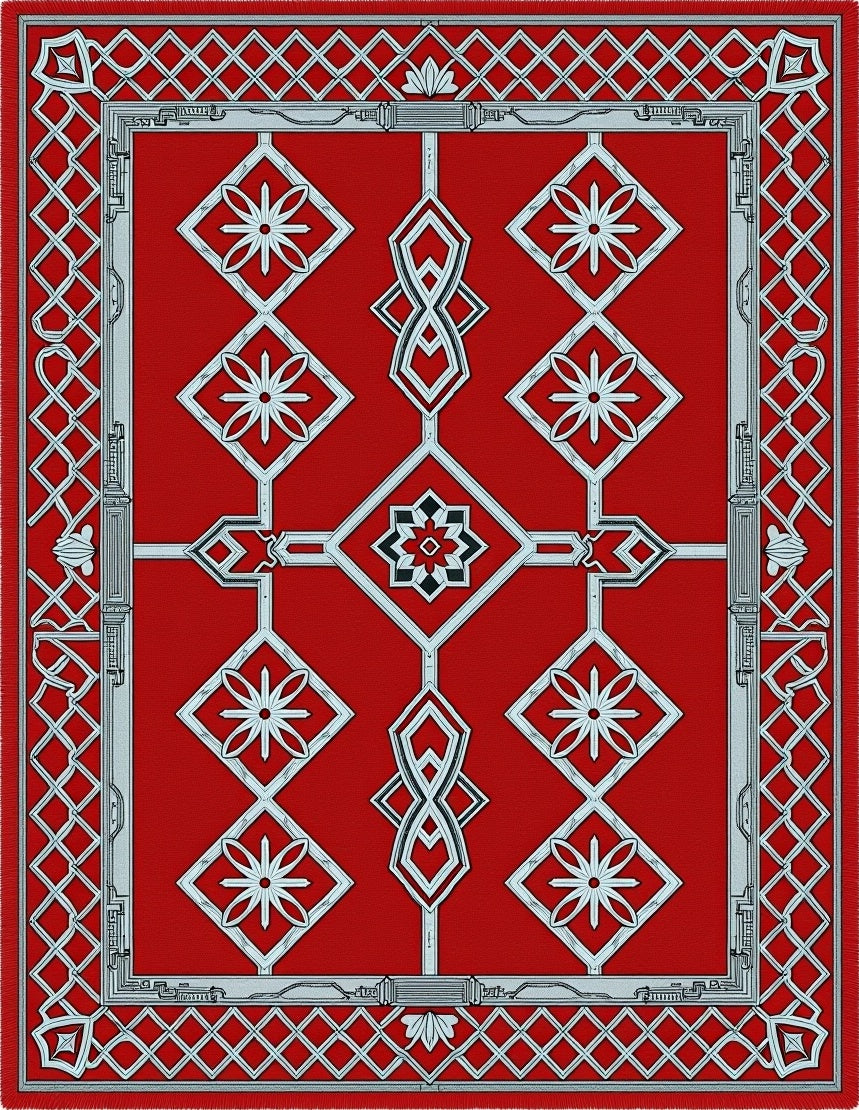 Geometric Red Silver Diamond Floral Rug